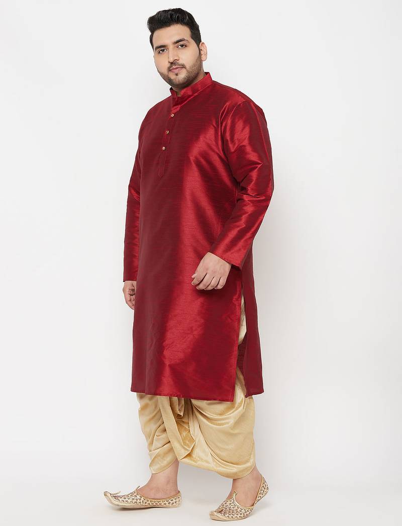 Men's maroon and gold silk blend kurta and dhoti set