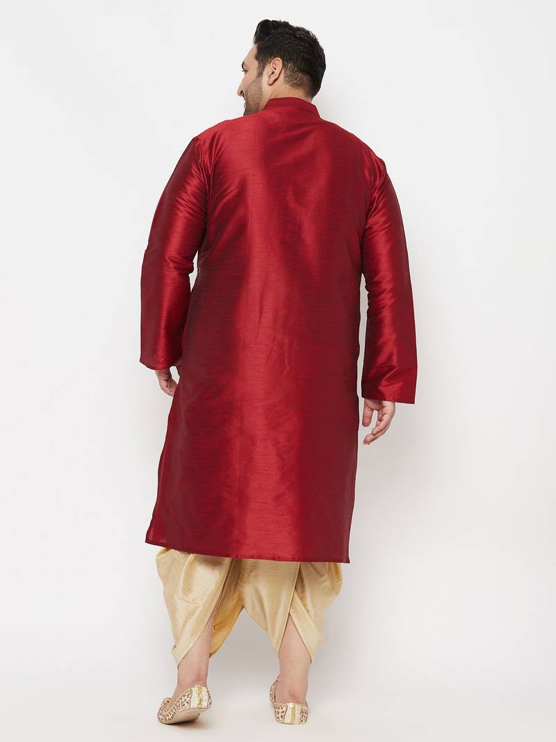 Men's maroon and gold silk blend kurta and dhoti set