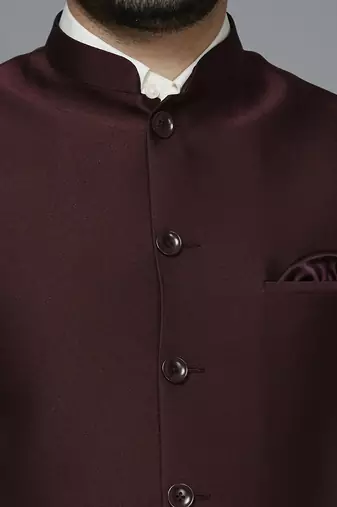 maroon solid nehru jacket with self shine