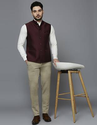maroon solid nehru jacket with self shine 5