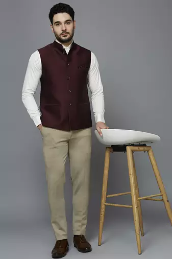 maroon solid nehru jacket with self shine