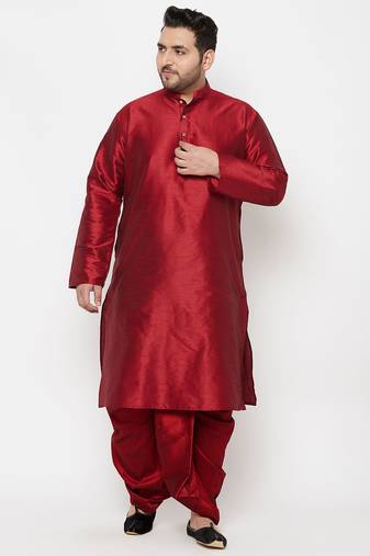 Men's maroon silk blend kurta and dhoti set