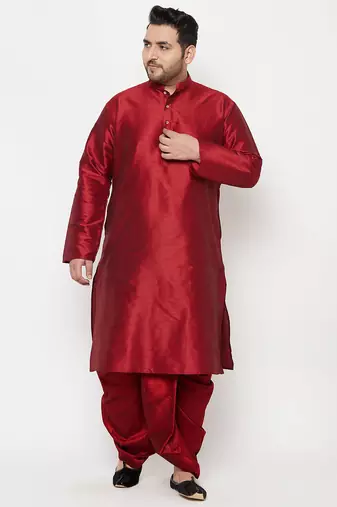 Men's maroon silk blend kurta and dhoti set