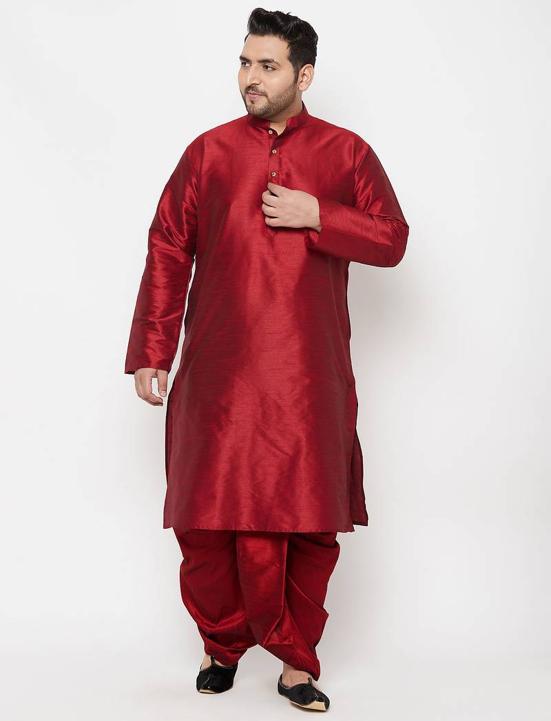Men's maroon silk blend kurta and dhoti set