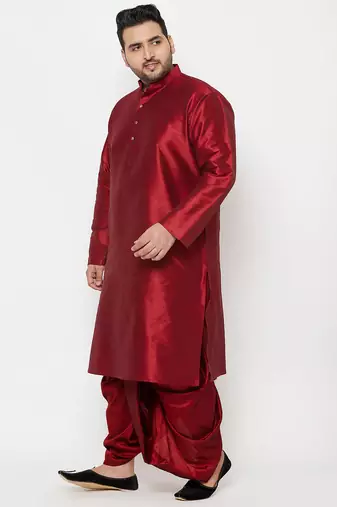 Men's maroon silk blend kurta and dhoti set