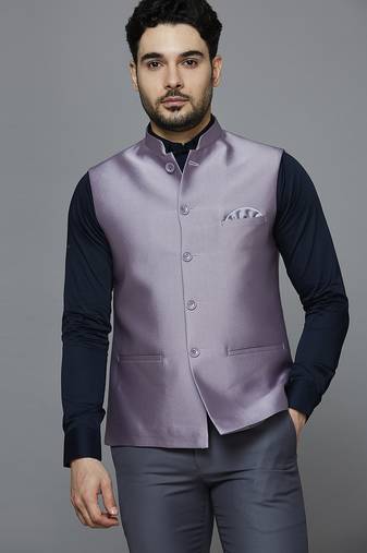Men lavender solid nehru jacket with self shine