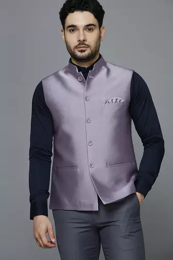 Men lavender solid nehru jacket with self shine
