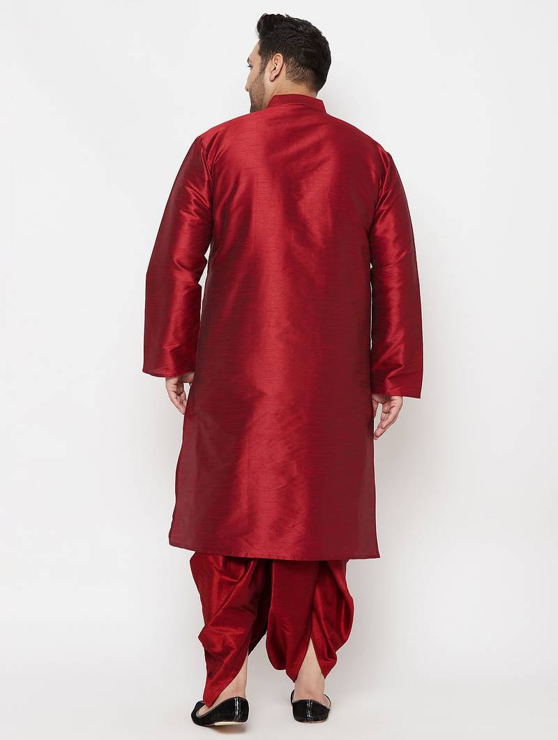 Men's maroon silk blend kurta and dhoti set