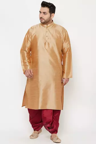 Men's rose gold and maroon silk blend kurta and dhoti set
