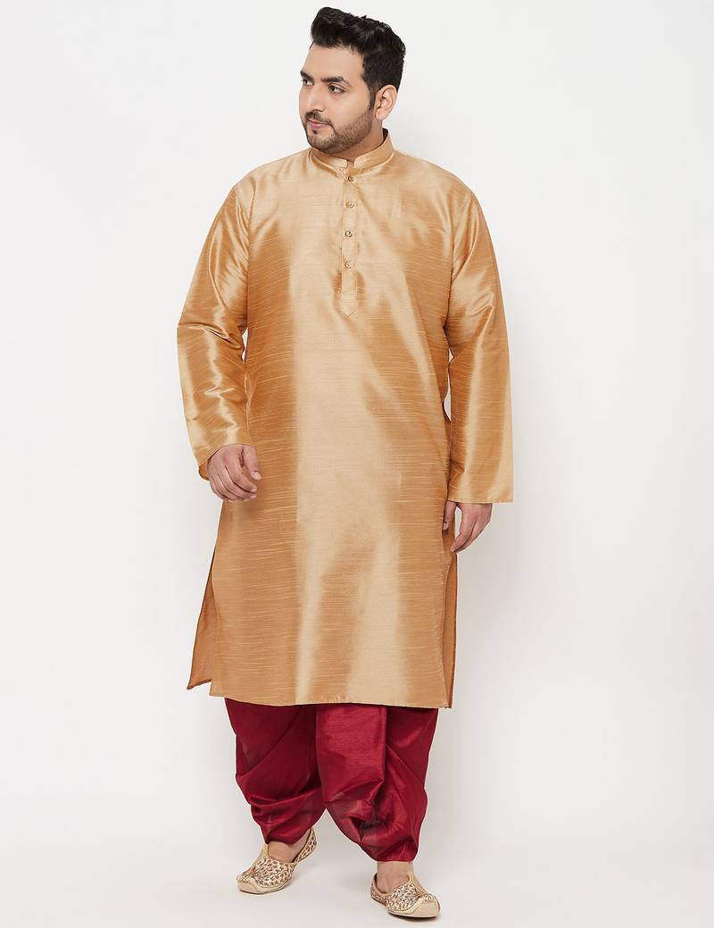 Men's rose gold and maroon silk blend kurta and dhoti set