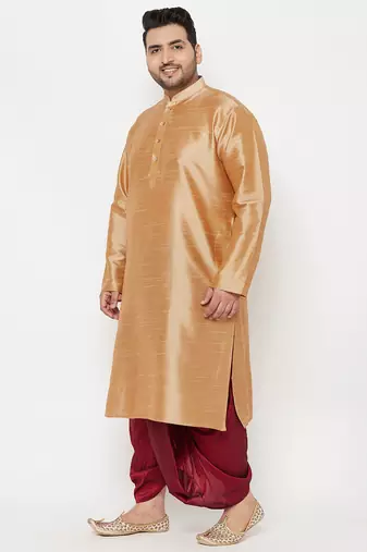 Men's rose gold and maroon silk blend kurta and dhoti set