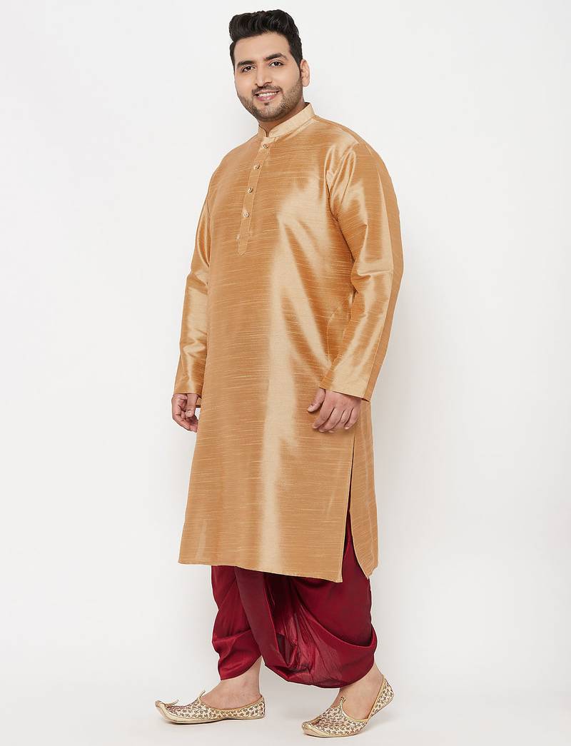 Men's rose gold and maroon silk blend kurta and dhoti set