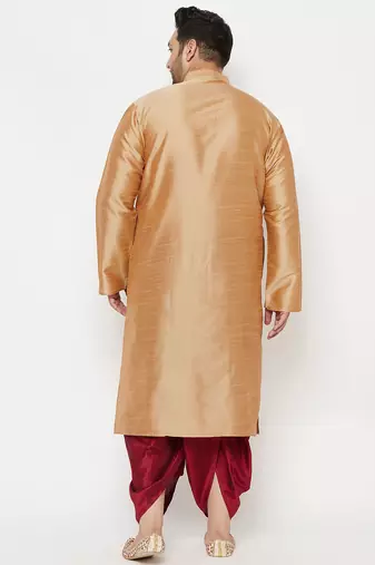 Men's rose gold and maroon silk blend kurta and dhoti set