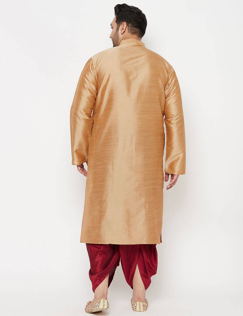 Men's rose gold and maroon silk blend kurta and dhoti set