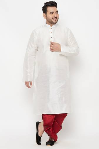 Men's white and maroon silk blend kurta and dhoti set