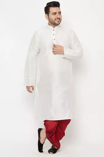Men's white and maroon silk blend kurta and dhoti set