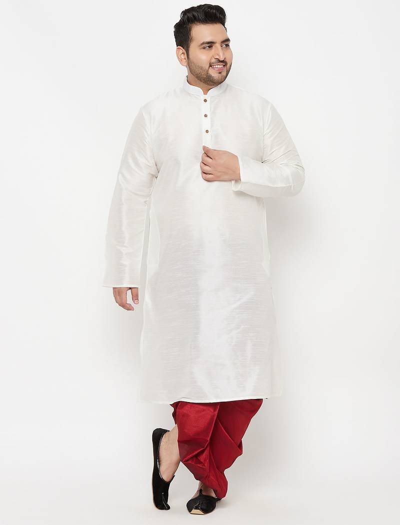 Men's white and maroon silk blend kurta and dhoti set