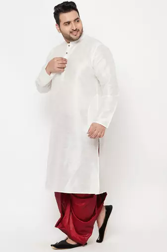 Men's white and maroon silk blend kurta and dhoti set