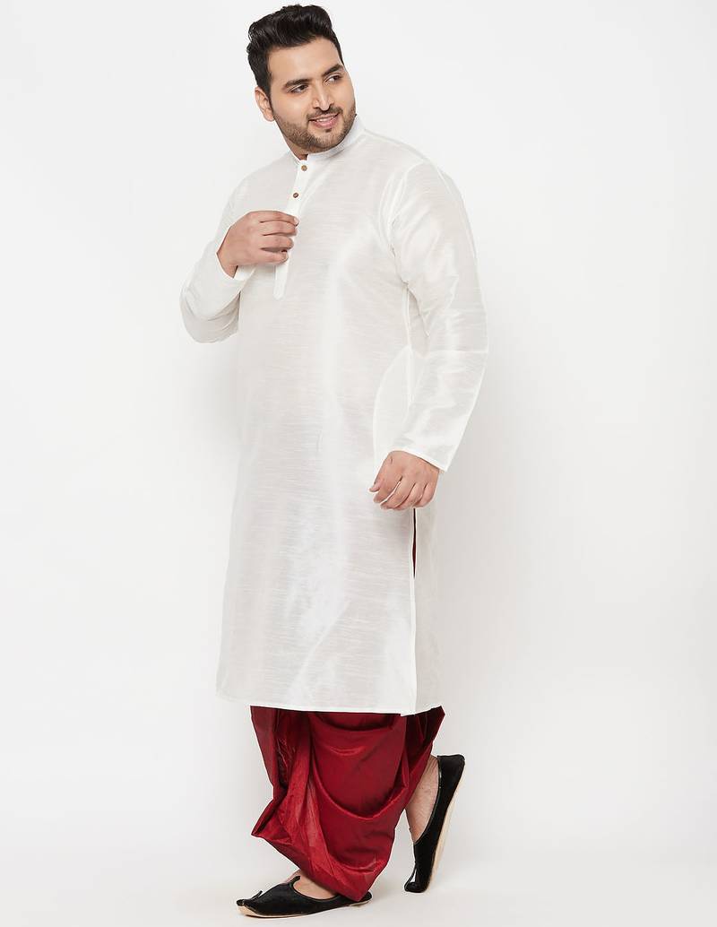 Men's white and maroon silk blend kurta and dhoti set