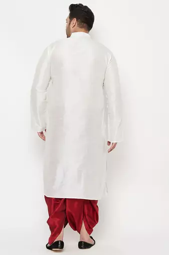 Men's white and maroon silk blend kurta and dhoti set