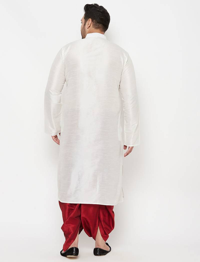 Men's white and maroon silk blend kurta and dhoti set