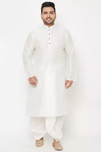 Men's white silk blend kurta and dhoti set