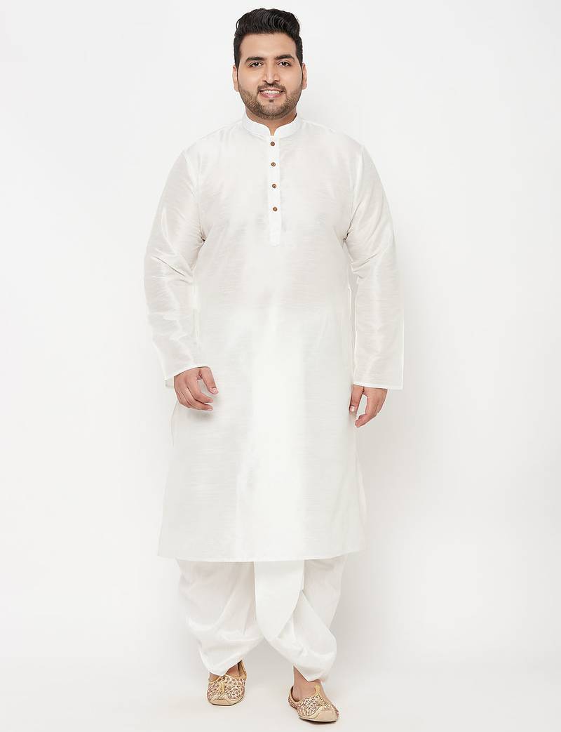 Men's white silk blend kurta and dhoti set
