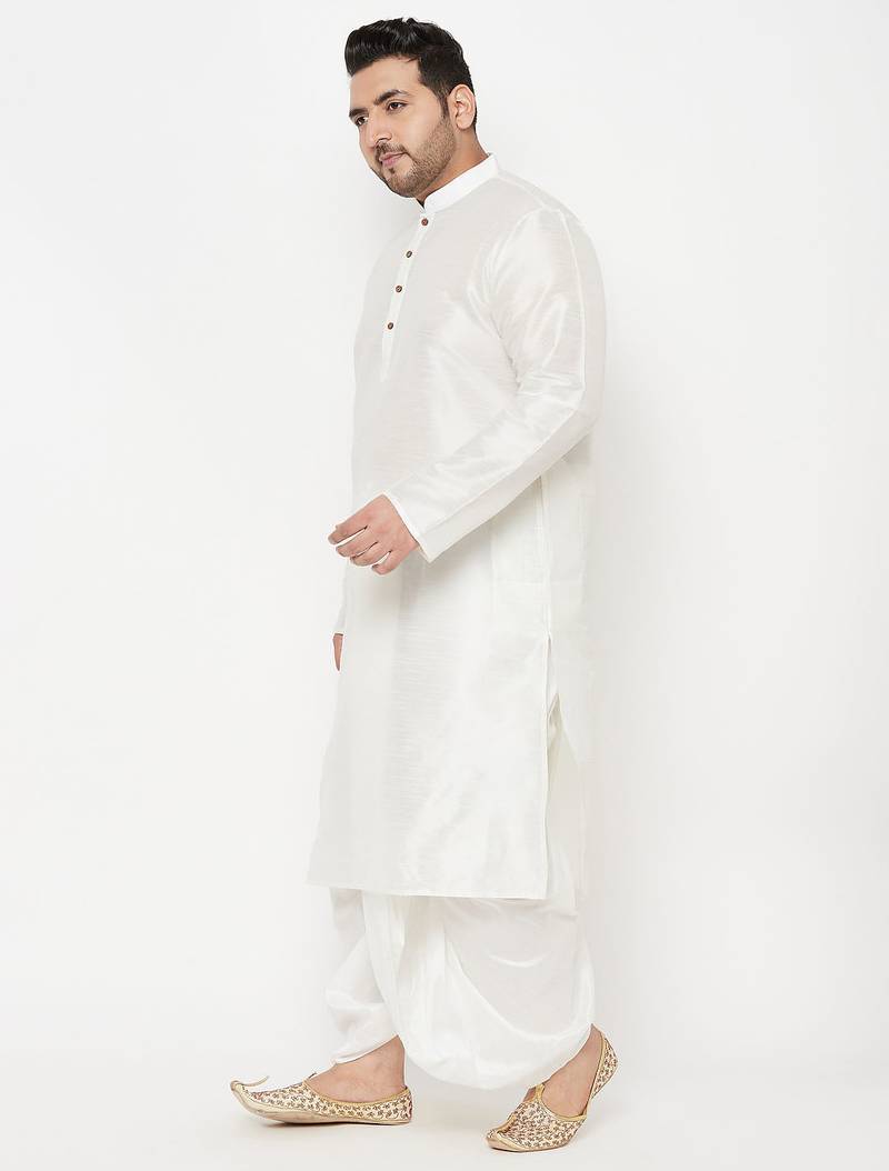 Men's white silk blend kurta and dhoti set