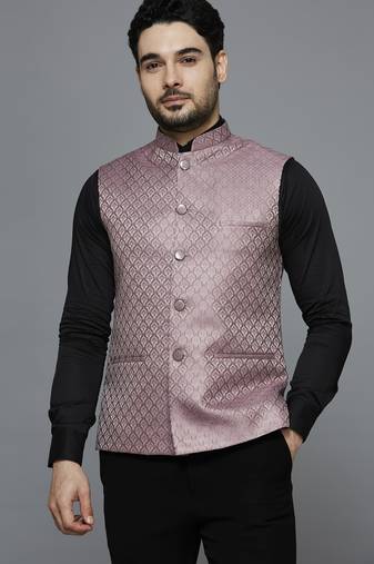 pink ethnic motif jacquard nehru jacket