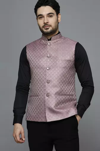 Men pink ethnic motif jacquard nehru jacket