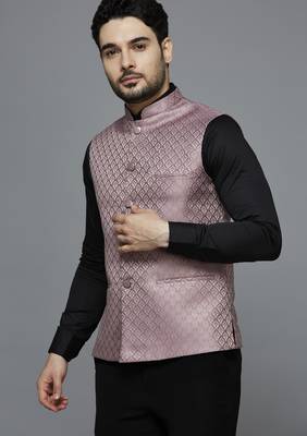 pink ethnic motif jacquard nehru jacket 2