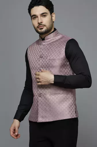 pink ethnic motif jacquard nehru jacket