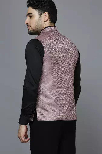 pink ethnic motif jacquard nehru jacket