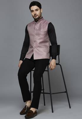 pink ethnic motif jacquard nehru jacket 5