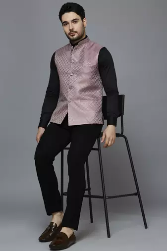 pink ethnic motif jacquard nehru jacket