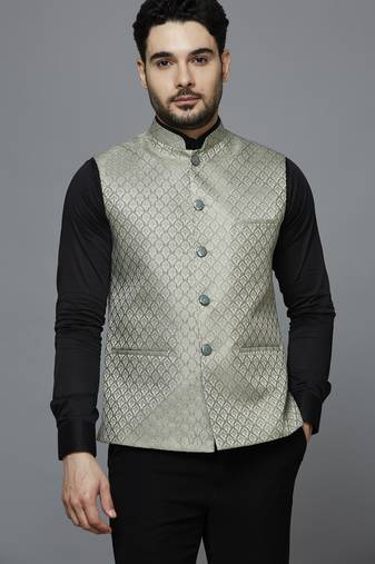 Men pista green ethnic motif jacquard nehru jacket