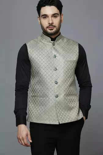 Men pista green ethnic motif jacquard nehru jacket