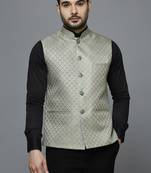 pista green ethnic motif jacquard nehru jacket