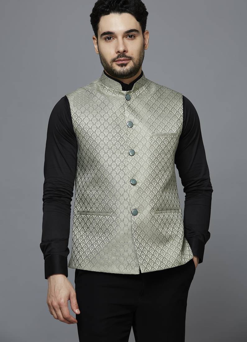 Men pista green ethnic motif jacquard nehru jacket
