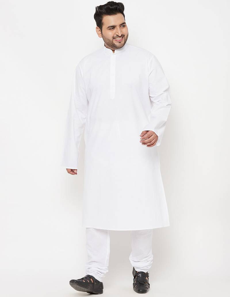 Men's white cotton blend kurta pyjama set