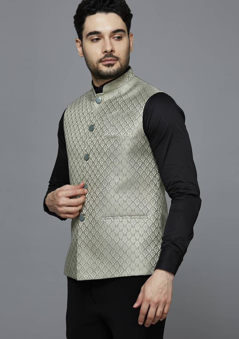 Men pista green ethnic motif jacquard nehru jacket