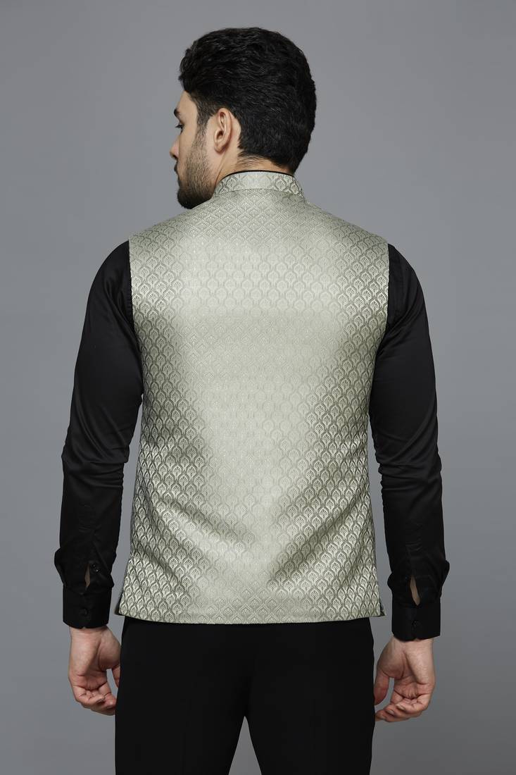 Men pista green ethnic motif jacquard nehru jacket