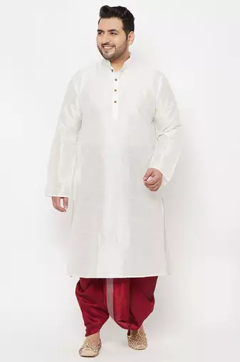 Men's white and maroon silk blend kurta and dhoti set