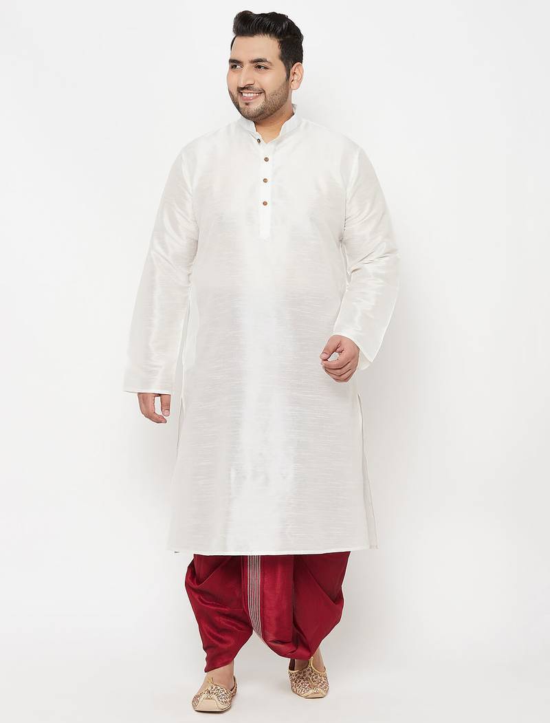 Men's white and maroon silk blend kurta and dhoti set