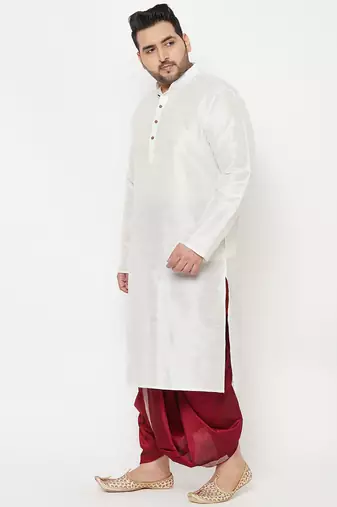 Men's white and maroon silk blend kurta and dhoti set