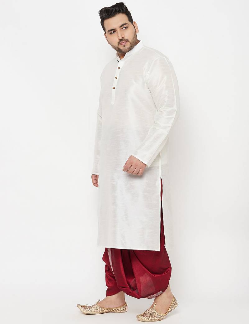 Men's white and maroon silk blend kurta and dhoti set