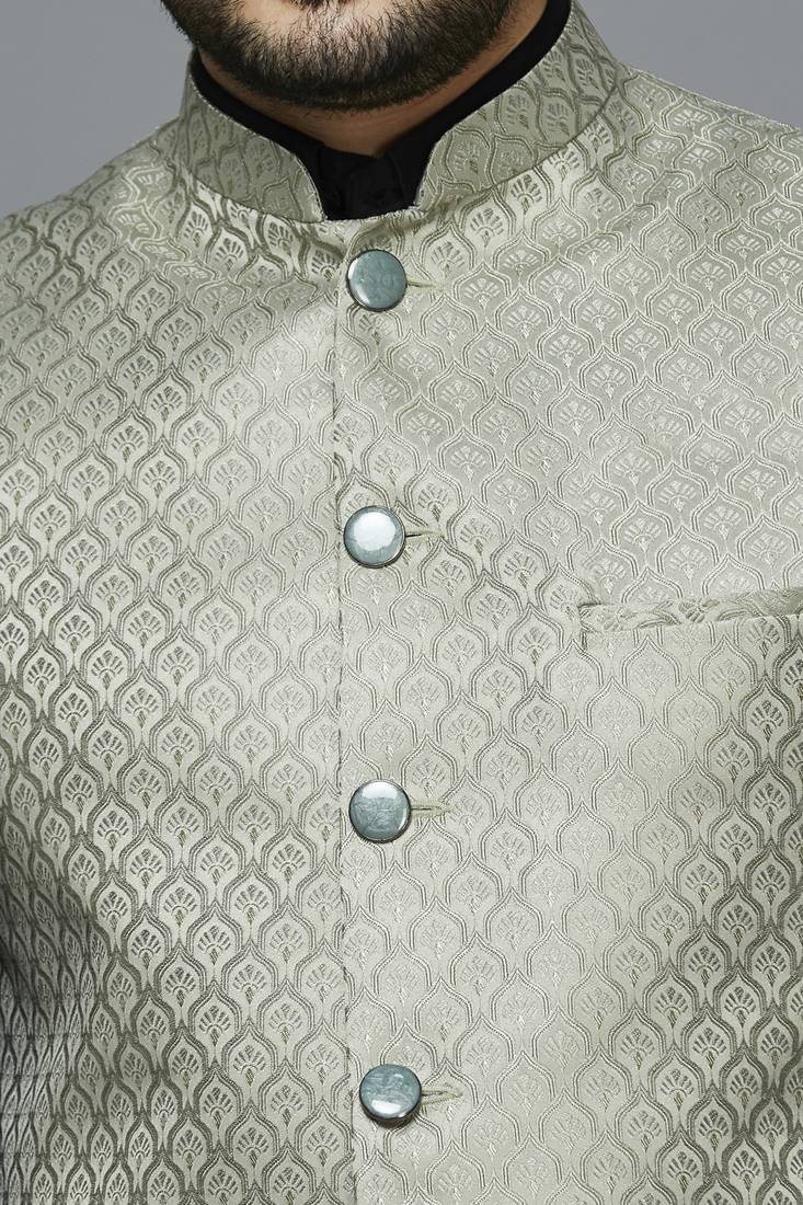 Men pista green ethnic motif jacquard nehru jacket