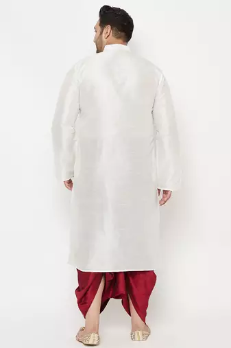 Men's white and maroon silk blend kurta and dhoti set