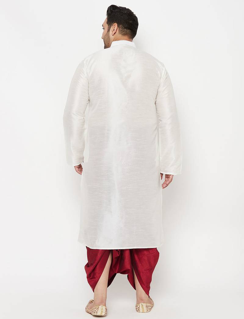 Men's white and maroon silk blend kurta and dhoti set