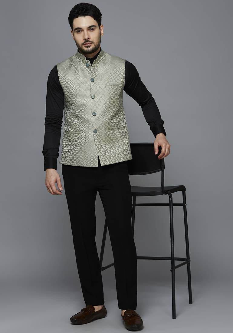 Men pista green ethnic motif jacquard nehru jacket